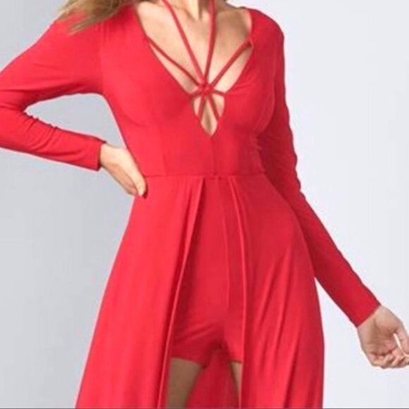 Red Venus Long Sleeve Jumpsuit With Open Front Skirt Overlay Strappy Neckline & - Picture 2 of 12